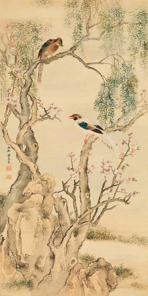 Wall Art Painting id:162718, Name: Birds on flowered branches, Artist: Anonymous
