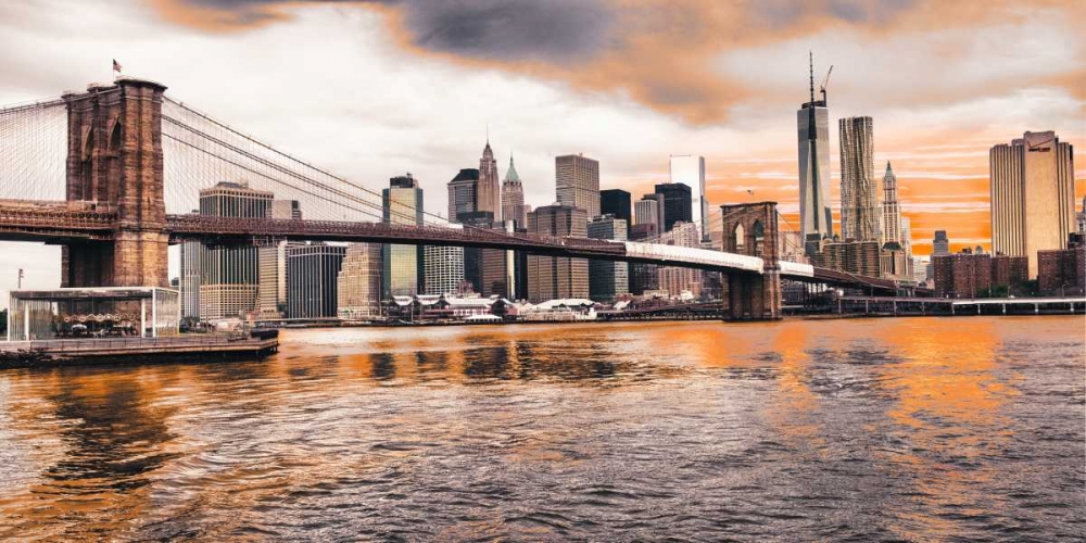 Wall Art Painting id:117863, Name: Brooklyn Bridge and Lower Manhattan at sunset, NYC, Artist: Pangea Images