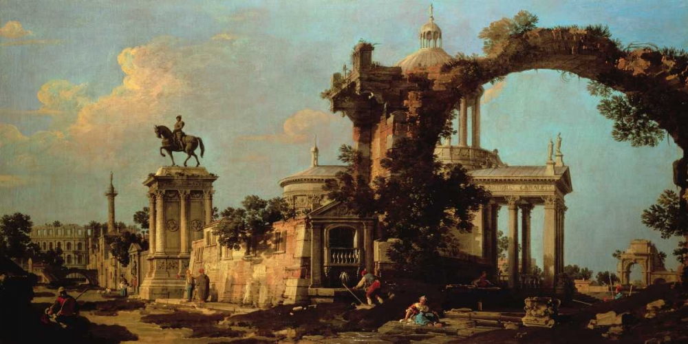Wall Art Painting id:43177, Name: Capriccio of Roman Ruins with a Renaissance Church, Artist: Canaletto