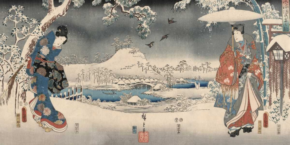 Wall Art Painting id:43194, Name: Snowy landscape with a woman and a man 1853, Artist: Hiroshige, Ando