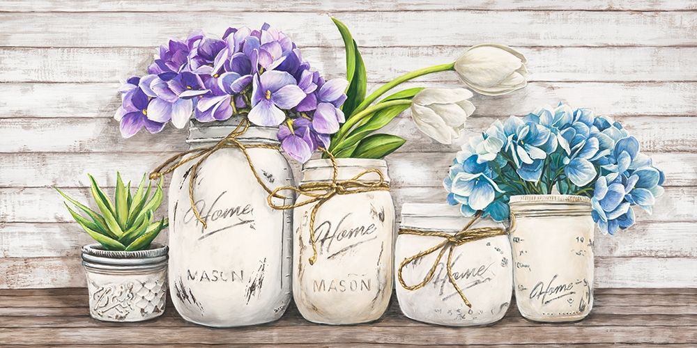 Art Print: Hydrangeas in Mason Jars