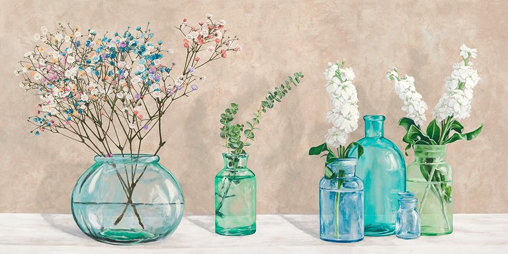 Art Print: Floral setting with glass vases