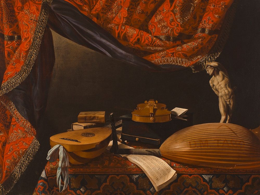 Wall Art Painting id:218442, Name: Still Life with Musical Instruments, Books and Sculpture, Artist: Baschenis, Evaristo