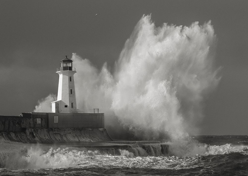 Wall Art Painting id:634044, Name: Lighthouse in raging Sea (BAndW), Artist: Pangea Images