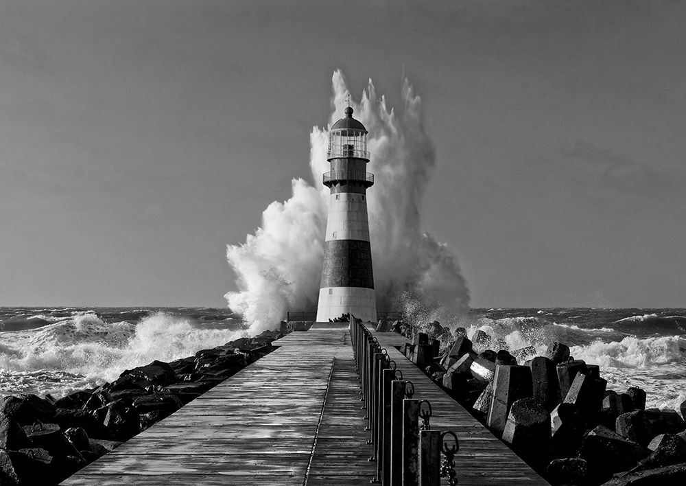 Wall Art Painting id:634046, Name: Lighthouse in the Mediterranean Sea (BW), Artist: Pangea Images