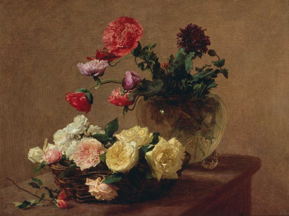 Wall Art Painting id:162794, Name: Poppies in a Crystal Vase and Roses in a Basket (detail), Artist: Fantin-Latour, Henri