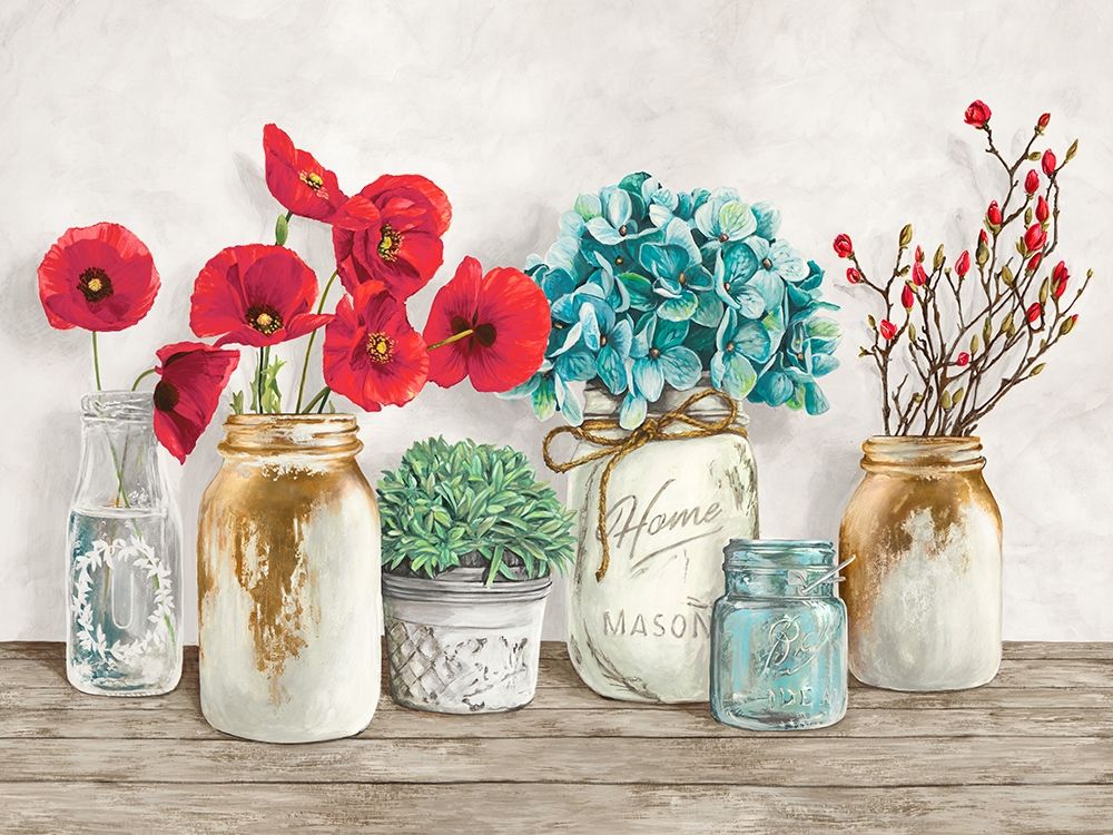Art Print: Floral composition with Mason Jars