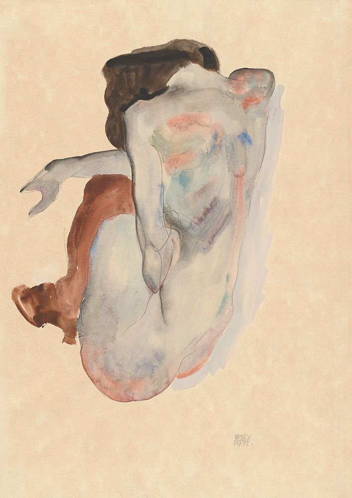 Wall Art Painting id:490906, Name: Crouching Nude in Shoes and Black Stockings-Back View, Artist: Schiele, Egon