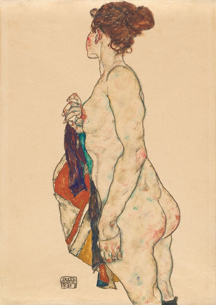 Wall Art Painting id:490907, Name: Standing Nude with a Patterned Robe, Artist: Schiele, Egon