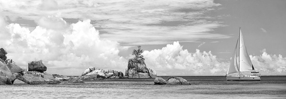 Wall Art Painting id:244249, Name: Sailboat at La Digue, Seychelles (BW), Artist: Pangea Images 