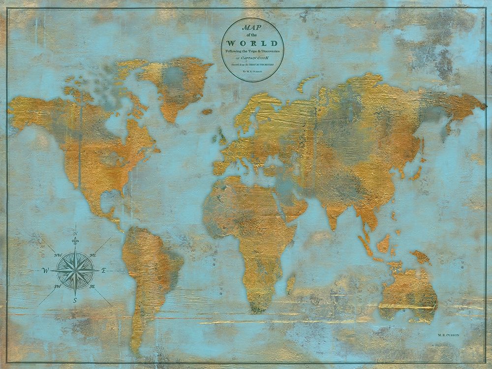 Wall Art Painting id:189805, Name: Rustic World Map Sky Blue, Artist: Cusson, Marie-Elaine
