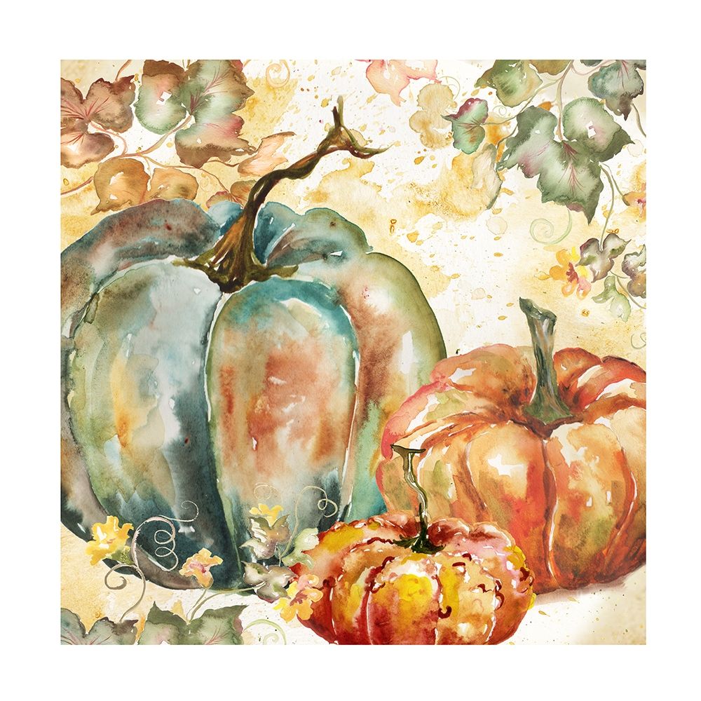 Wall Art Painting id:194655, Name: Watercolor Harvest Teal and Orange Pumpkins I, Artist: Tre Sorelle Studios