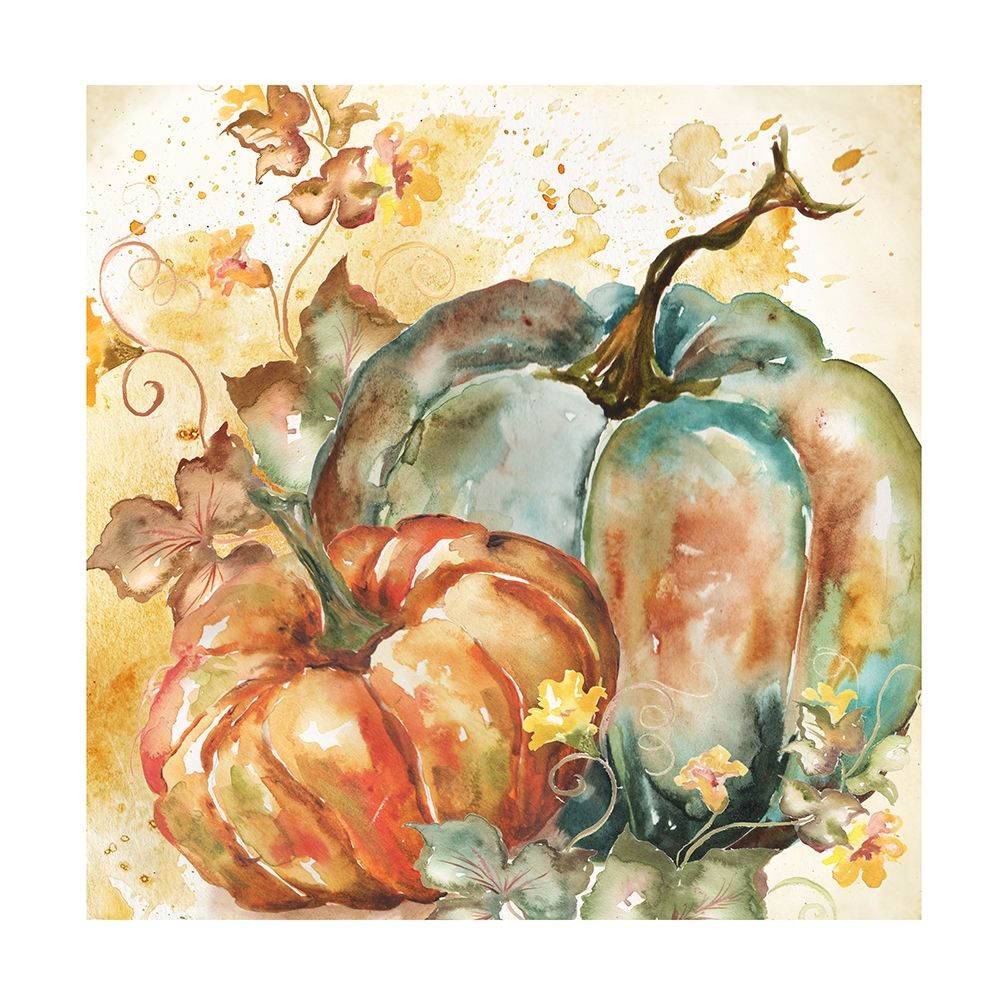 Wall Art Painting id:194656, Name: Watercolor Harvest Teal and Orange Pumpkins II, Artist: Tre Sorelle Studios