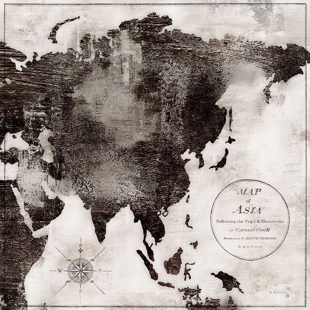 Wall Art Painting id:299150, Name: World Map Black and White II-Asia, Artist: Cusson, Marie-Elaine