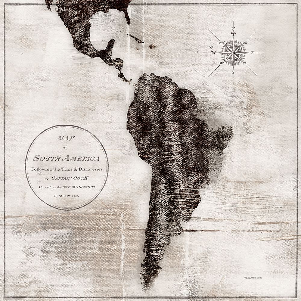 Wall Art Painting id:299154, Name: World Map Black and White VI-South America, Artist: Cusson, Marie-Elaine