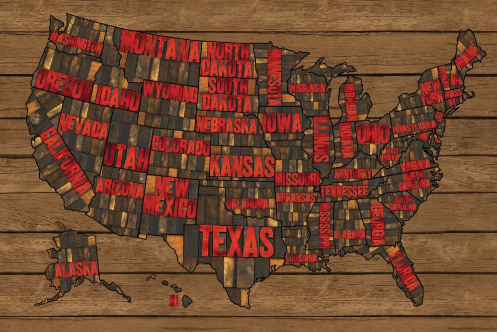 Wall Art Painting id:59508, Name: Printers Block US Map Red, Artist: Reed, Tara