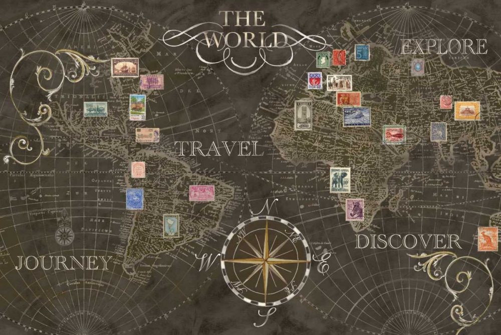 Wall Art Painting id:52924, Name: Old World Journey Stamps Black , Artist: Coulter, Cynthia