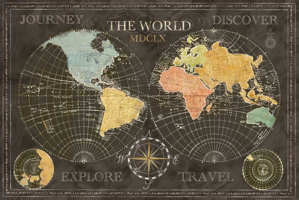 Wall Art Painting id:52925, Name: Old World Journey Map Black , Artist: Coulter, Cynthia