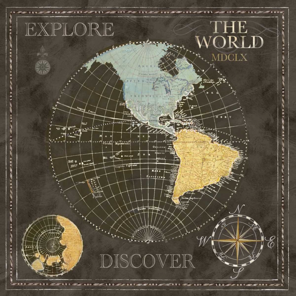 Wall Art Painting id:52926, Name: Old World Journey Map Black I , Artist: Coulter, Cynthia