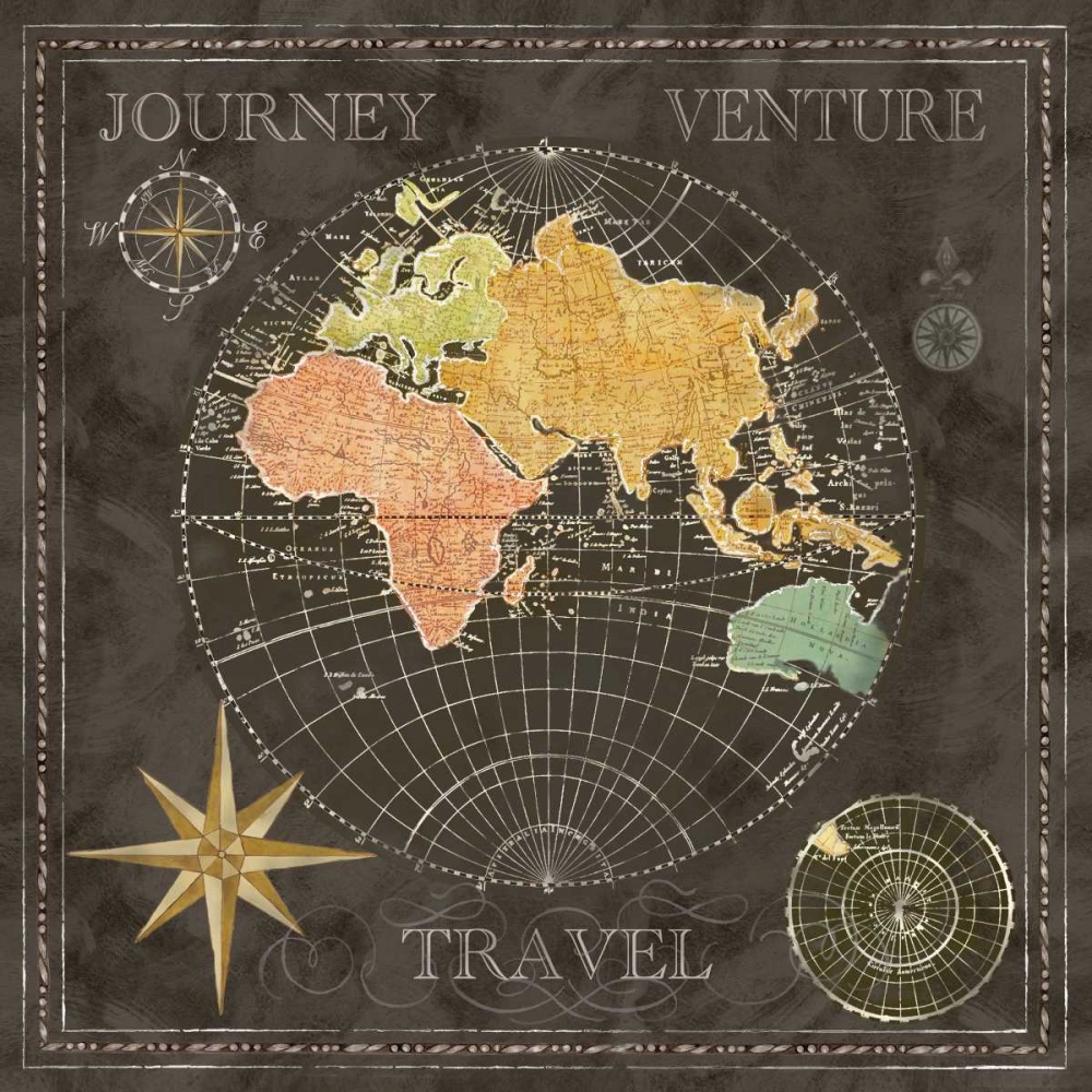 Wall Art Painting id:52927, Name: Old World Journey Map Black II , Artist: Coulter, Cynthia