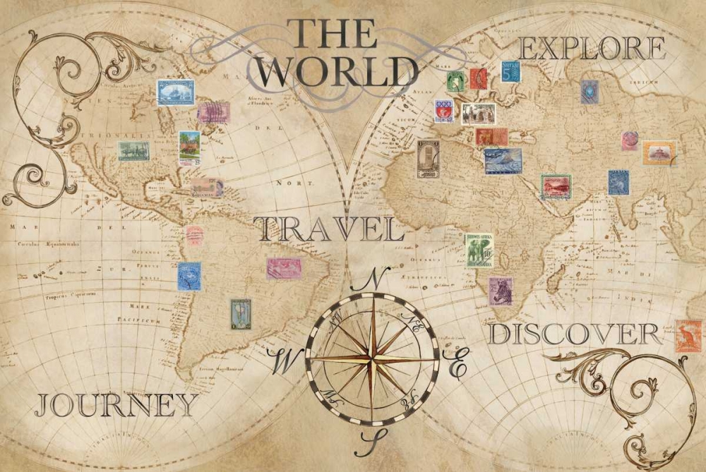 Wall Art Painting id:53643, Name: Old World Journey Map Stamps, Artist: Coulter, Cynthia