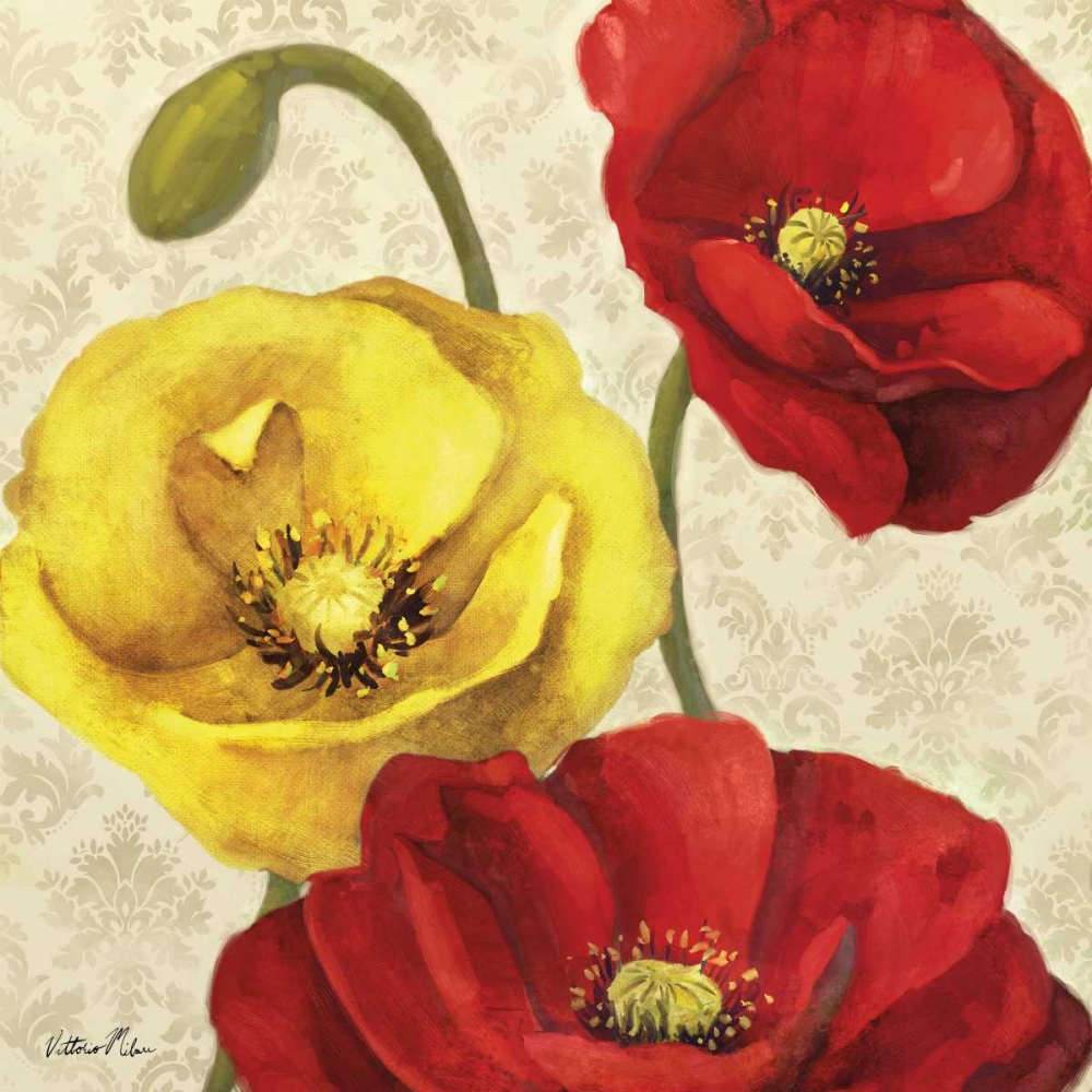 Wall Art Painting id:70166, Name: Red and Yellow Poppy Damask I, Artist: Milan, Vittorio