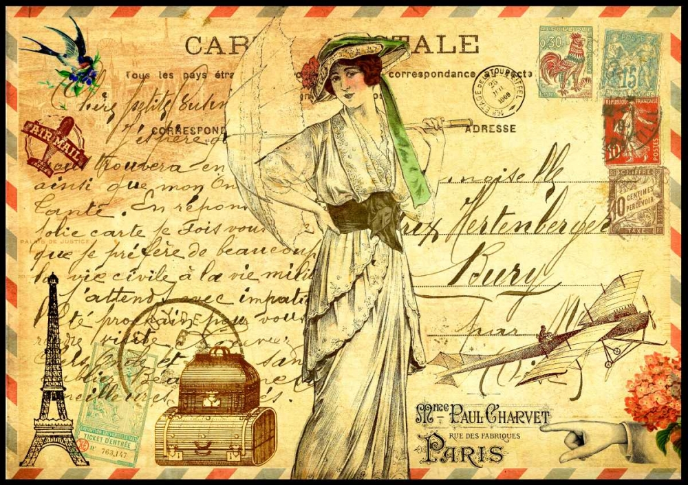 Wall Art Painting id:61942, Name: Vintage Paris Postcard Mademoiselle, Artist: De Lauzun, Marion 