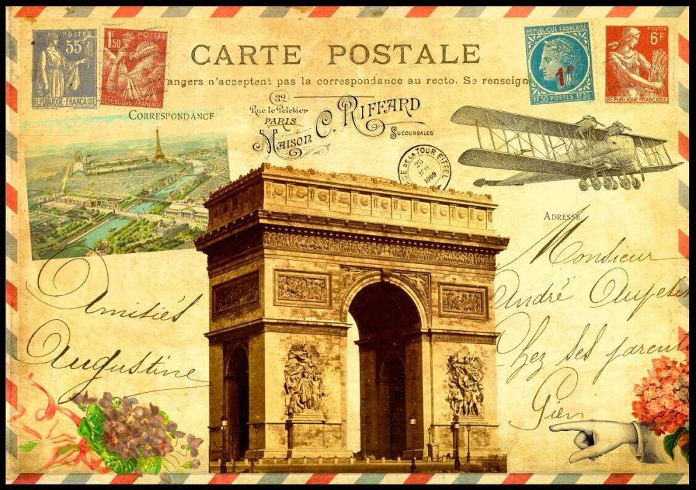 Wall Art Painting id:61944, Name: Vintage Paris Postcard Arc de Triomphe, Artist: De Lauzun, Marion 