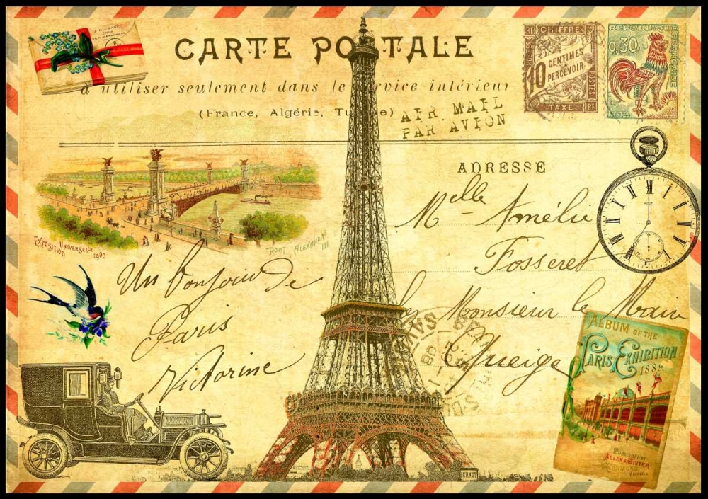 Wall Art Painting id:61945, Name: Vintage Paris Postcard Eiffel Tower, Artist: De Lauzun, Marion 