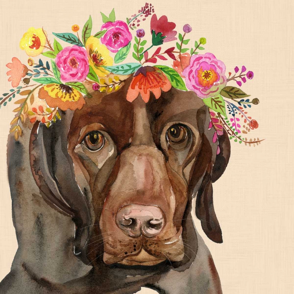 Art Print: Dog with a wreath of colorful blossoms I