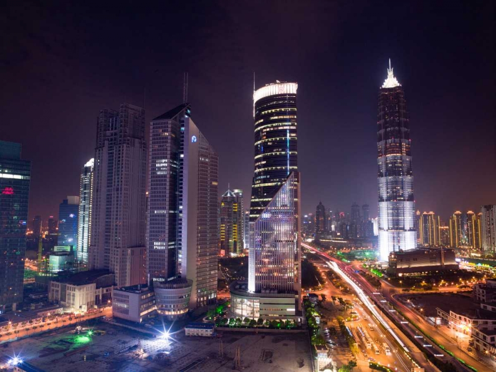 Wall Art Painting id:103138, Name: elevated view of skyscrapers at night, Shanghai, Artist: Frank, Assaf