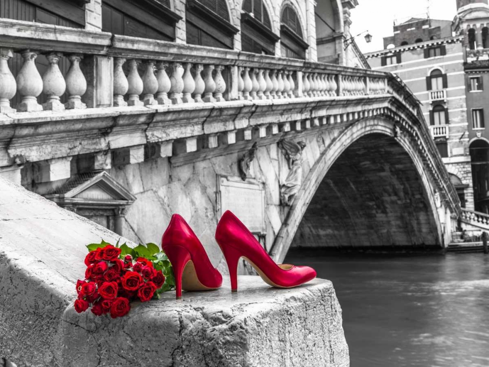 Wall Art Painting id:103433, Name: Bunch of red roses and red high heel shoes, Rialto Bridge, Venice, Italy, Artist: Frank, Assaf