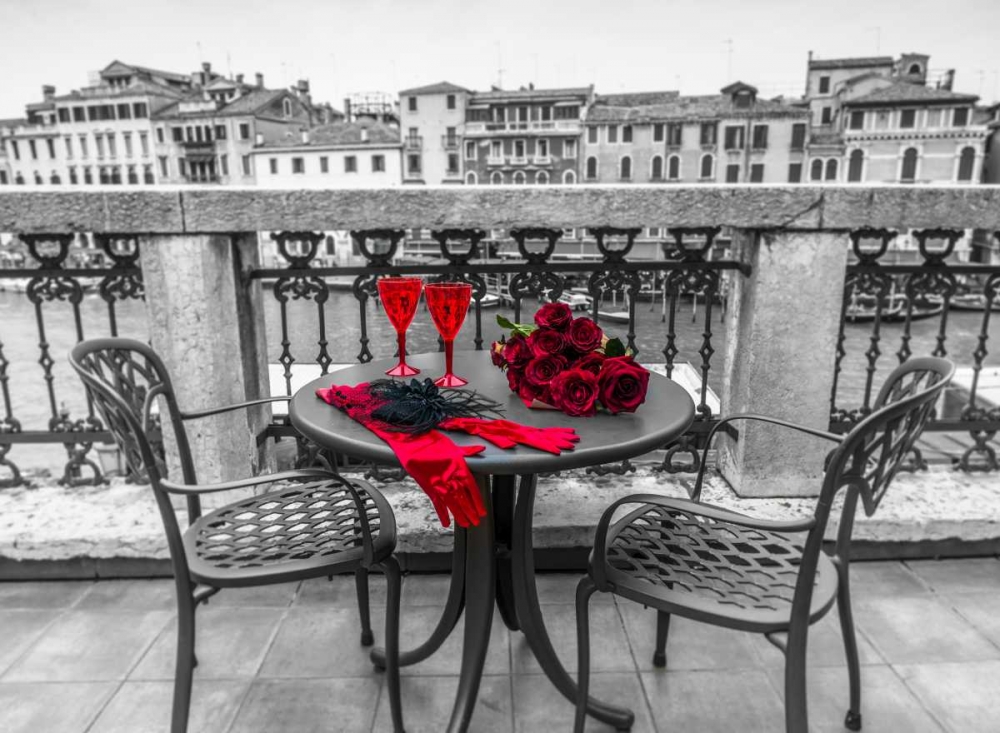 Wall Art Painting id:103435, Name: Bunch of Roses with wine glasses and female hand gloves on cafe table, Venice, Italy, Artist: Frank, Assaf