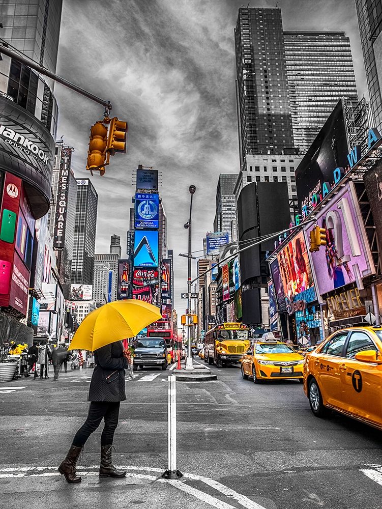 Wall Art Painting id:276247, Name: Man with yellow umbrella at Times square, New York, Artist: Frank, Assaf