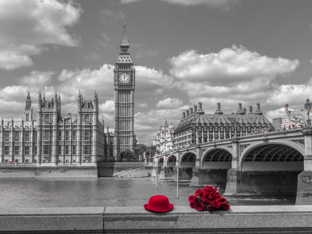 Wall Art Painting id:104009, Name: Bunch of Roses and hat on Thames promenade agaisnt Big Ben, London, UK, Artist: Frank, Assaf