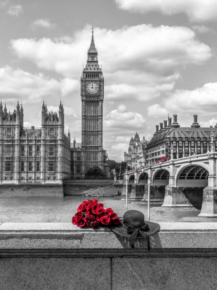 Wall Art Painting id:104011, Name: Bunch of Roses and hat on Thames promenade agaisnt Big Ben, London, UK, Artist: Frank, Assaf