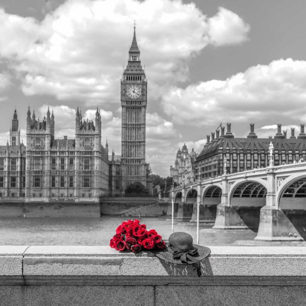 Wall Art Painting id:104012, Name: Bunch of Roses and hat on Thames promenade agaisnt Big Ben, London, UK, Artist: Frank, Assaf