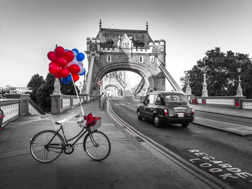 Wall Art Painting id:104034, Name: Colorful balloons and bunch of roses on a bicycle at Tower bridge, London, UK, Artist: Frank, Assaf