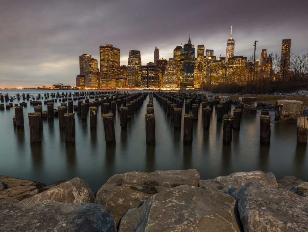 Wall Art Painting id:104279, Name: Manhattan skyline with rows of groynes in East river, New York, Artist: Frank, Assaf