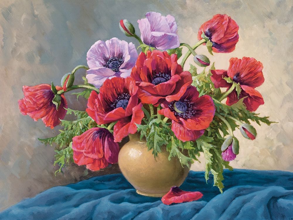 Wall Art Painting id:248192, Name: RED POPPIES ON BLUE CLOTH, Artist: Krueger, E.