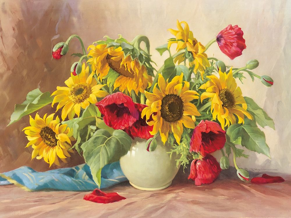 Wall Art Painting id:248191, Name: POPPIES AND SUNFLOWERS, Artist: Krueger, E.