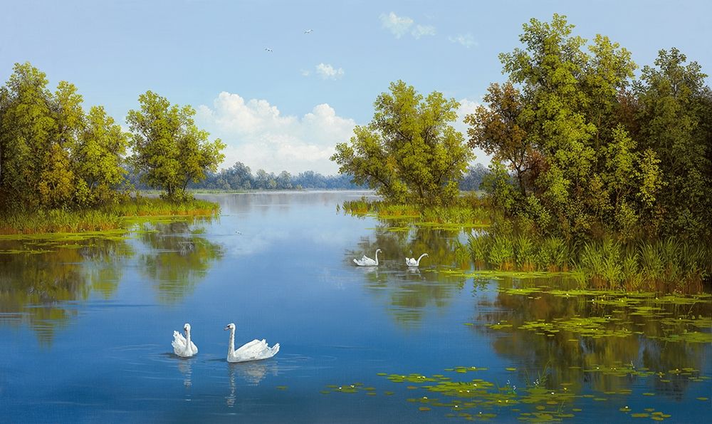 Wall Art Painting id:248527, Name: RIVER WITH SWANS I, Artist: Slava