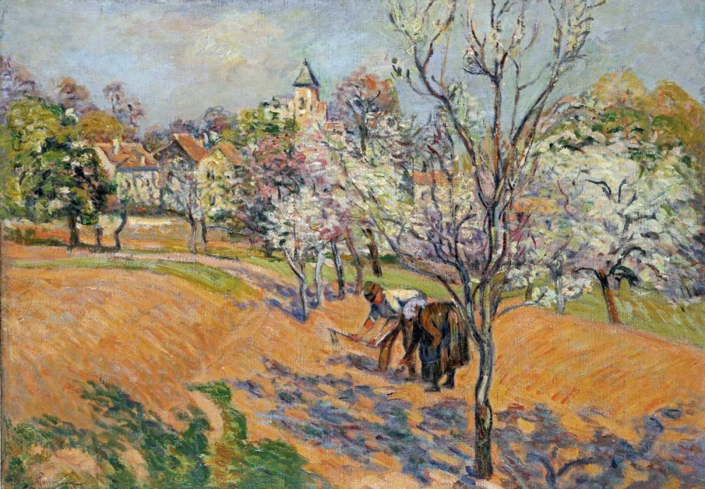 Wall Art Painting id:88919, Name: Two Peasants Sowing Haricots In An Orchard In Blossom, Artist: Guillaumin, Armand