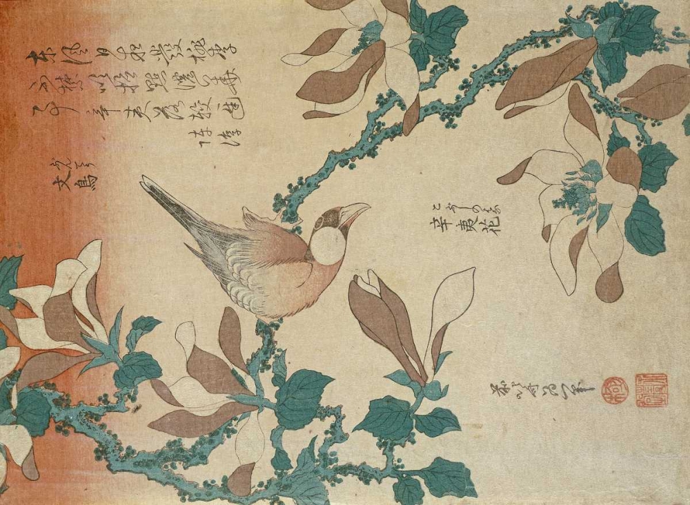 Wall Art Painting id:88949, Name: A Paddy Bird Perched On a Flowering Magnolia Branch, Artist: Hokusai