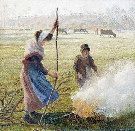 Wall Art Painting id:184963, Name: White Frost, Woman Breaking Up Wood, Artist: Pissarro, Camille