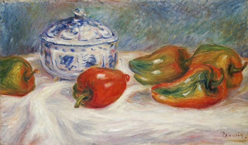 Wall Art Painting id:89146, Name: Still Life With a Blue Sugar Bowl and Peppers, Artist: Renoir, Pierre-Auguste