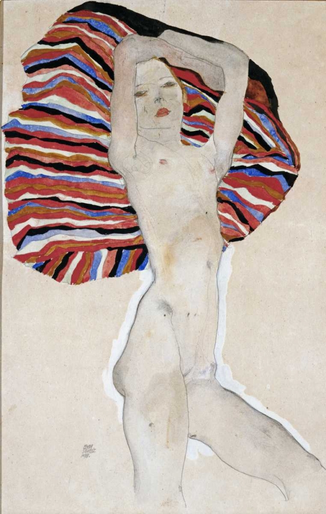 Wall Art Painting id:89197, Name: Nude with Colored Fabric, 1911, Artist: Schiele, Egon