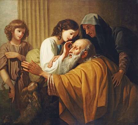 Wall Art Painting id:185044, Name: Tobias Curing His Fathers Blindness, Artist: West, Benjamin