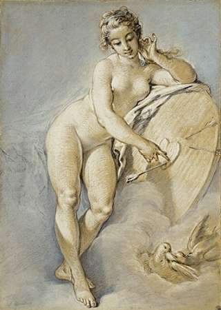 Wall Art Painting id:185083, Name: Venus Standing, Gesturing Towards a Heart On a Targe With Two Doves, Artist: Boucher, Francois