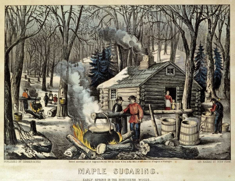 Wall Art Painting id:89480, Name: Maple Sugaring - Early Spring In The Northern Woods, Artist: Currier and Ives